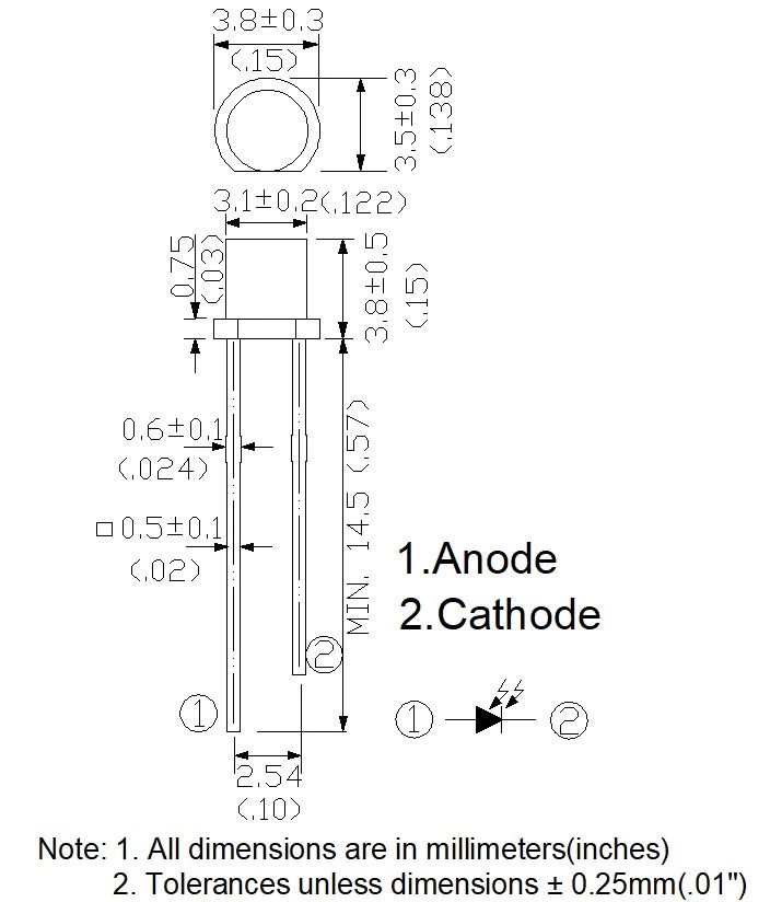 Fotodiode sensor 3mm helder transparant platte kop PD3061CP afmetingen